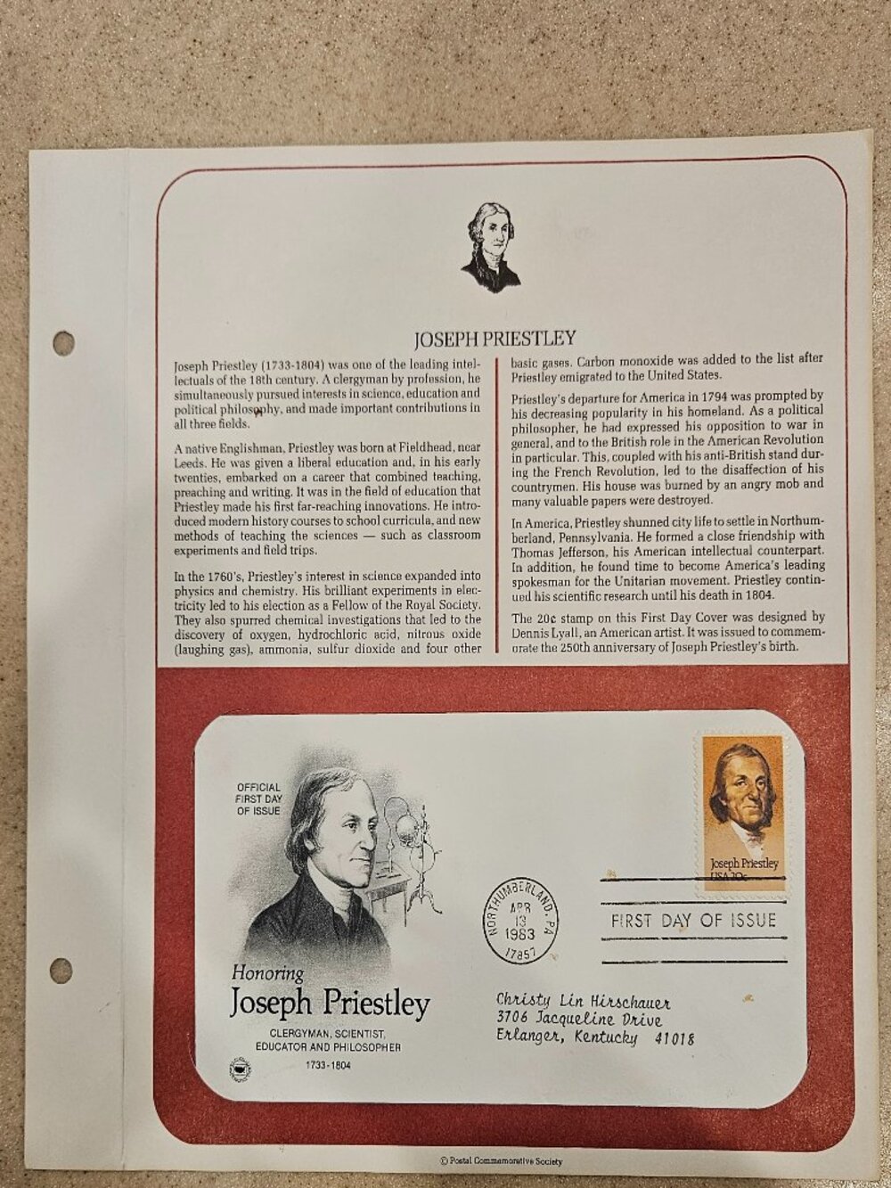 RARE COLLECTIBLE USPS 1ST DAY ISSUE COVER JOSEPH PRIESTLEY STAMP ENVELOPE FDC